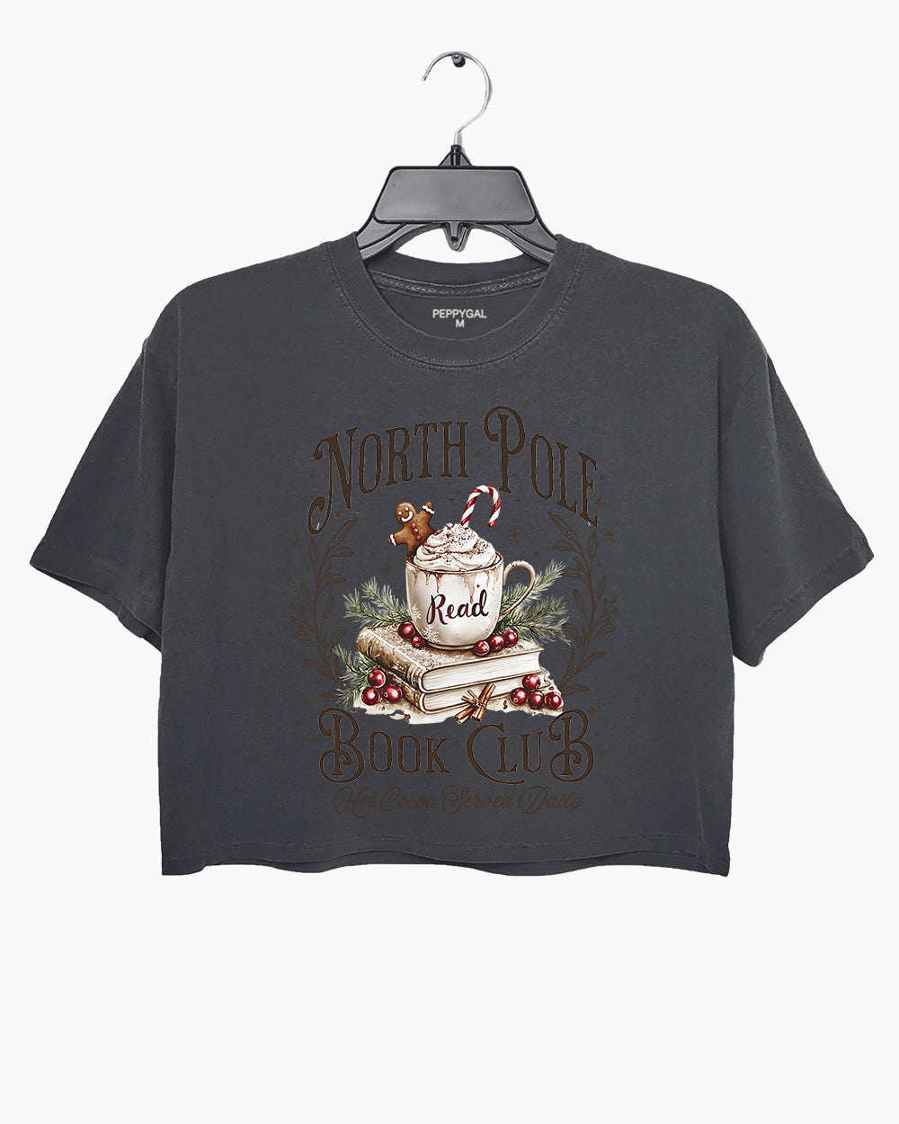 North Pole Book Club Hot Cocoa Served Daily Christmas Crop Top