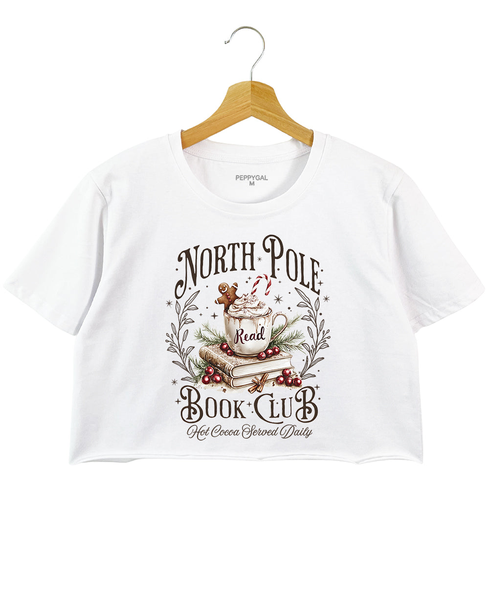 North Pole Book Club Hot Cocoa Served Daily Christmas Crop Top